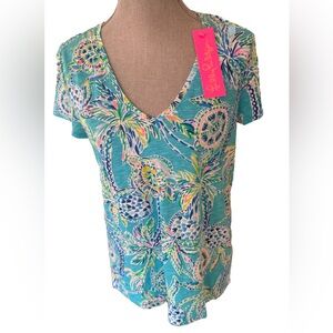 Lilly Pulitzer Etta V-Neck Blue and White Short Sleeve Tee S NWT